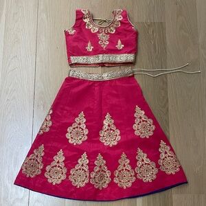 Pink and Gold Embroidered Silk Lehenga Set